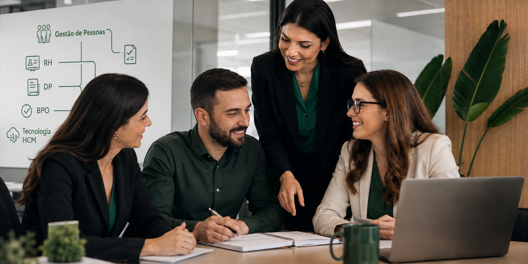 Equipe de gestão de pessoas reunida em ambiente de trabalho